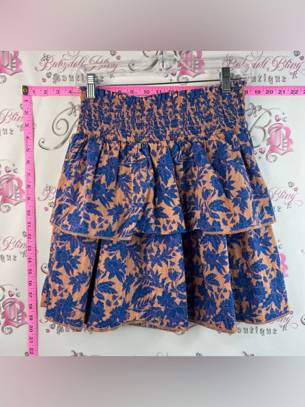 Universal Thread skirt flowy Blue Floral orange Tan Tiered Smocked Mini Skirt